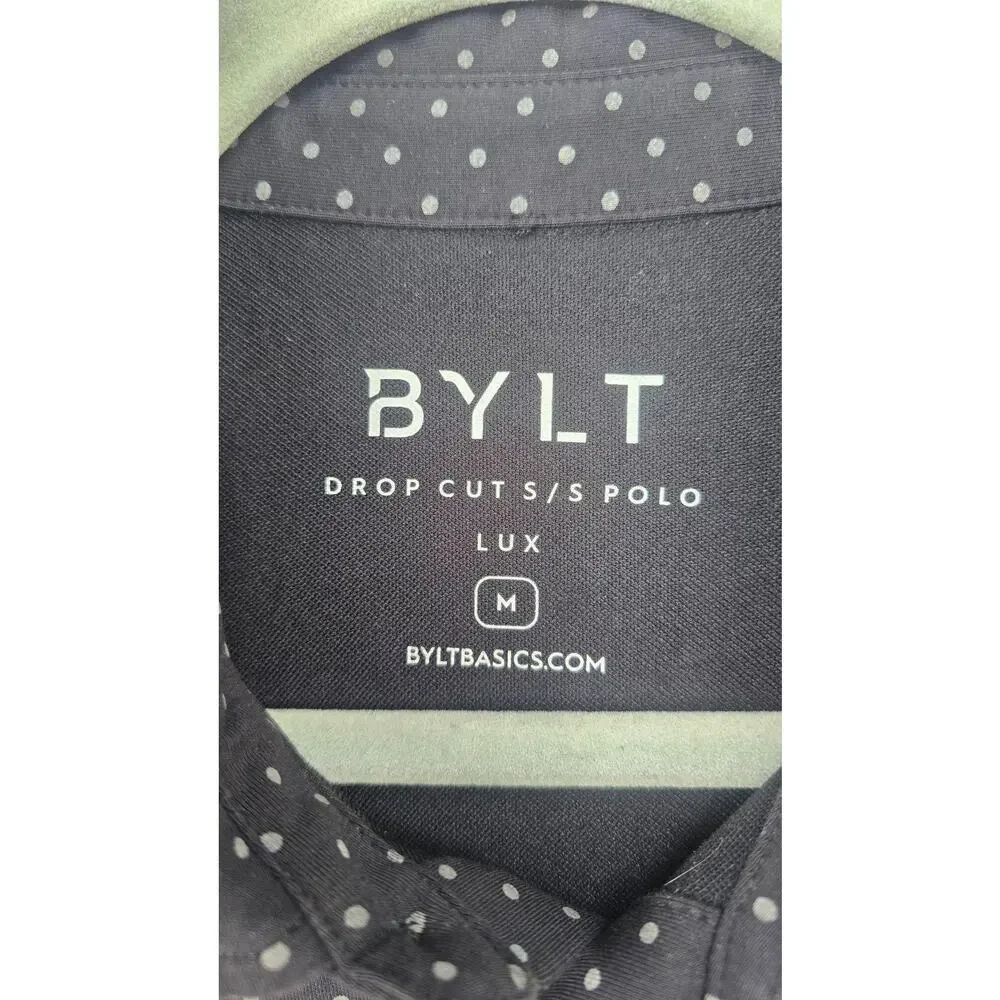 BYLT Polo Shirt Mens Medium Black Polka Dot LUX Drop Cut Stretch Short Sleeve